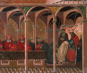 Honorius III:n hyväksymä karmeliitin sääntö, yksityiskohta Pietro Lorenzettin (noin 1280-1348) Carmine-alttaritaulun predellasta, tempera ja kulta puupaneelissa