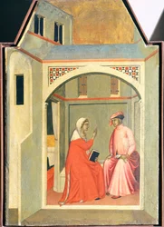 Rosana eroaa aviomiehestään Ugolottosta elääkseen pyhää, laatta Pietro Lorenzettin (n. 1280-1348) Siunatun Nöyryyden alttaritaulusta, tempera ja kulta puupaneelilla.