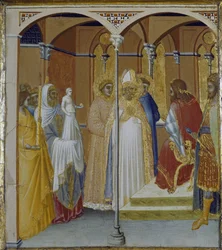 StSabina of Spolete Toscanan kuvernöörin Venustianon edessä (tempera ja kultalehti puussa