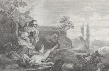 Aadam ja Eeva vasemmalla, iäkäs pariskunta, suremassa Abelin ruumista, joka makaa..., 1743-63.