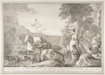 Esau ja hänen perheensä eroavat Jaakobista Esaun vaimoineen, poikineen ja aineineen sepa ..., 1743-63.