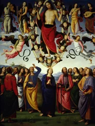 Kristuksen Jeesuksen Kristuksen ylösnousemus on esitetty mandorlassa. Yksityiskohta. Pietro Vannuccin maalaus Il Peruginosta
