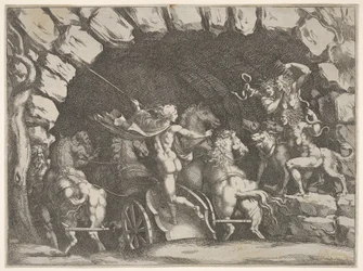 Pluto, takaa katsottuna, astumassa alamaailmaan vaunuillaan, Cerberus ja kolme Fu..., n. 1680.