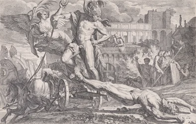 Akhilleus raahaa Hektorin ruumista Troijan muurien ympäri, 1648-50.