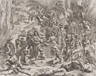 Allegoria maalauksesta, joka lapsena keskellä vasemmalla piirtää taululle, surrounde..., 1637-38.