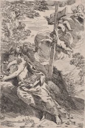 Maria Magdaleena erämaassa, oikealla enkelien kantama risti, n. 1630.