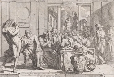 Platonin pidot: Sokrates ja hänen toverinsa istuvat pöydän ympärillä keskustelemassa ihanteellisesta rakkaudesta..., 1648.