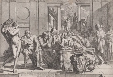 Platonin pidot: Sokrates ja hänen seuralaisensa istuvat pöydän ääressä keskustelemassa ihanteellisesta rakkaudesta..., 1648.