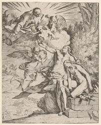 Iisakin uhri: enkeli painaa Abrahamin tikaria kantavaa käsivartta, joka ..., n. 1645-1650.