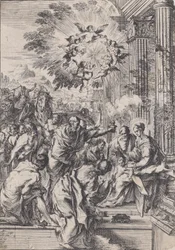 The Adoration of the Magi, sijoittuva ennen arkkitehtonista pylväikköä, n. 1640.