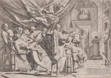 Filosofi Caton itsemurha: hän makaa vuoteellaan ja vetää sisälmyksiään ulos muiden katsellessa v..., 1648