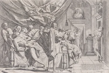 Filosofi Caton itsemurha: hän makaa vuoteellaan ja vetää sisälmyksiään ulos muiden katsellessa v..., 1648