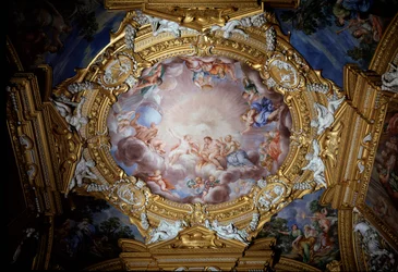Cosimo I de Medicis (Toscanan Cosimo I) (1519-1574) Opas kirkkauden ja hyveen läpi Apollon edessä (Cosimo I de Medici, Toscanan suurherttua johdolla Apollon edessä kunnialla ja hyveellä) Pietro da Cortonan (Berrettini) fresko (1596-1669) Firenze, Palazzo