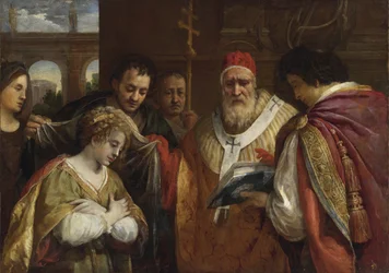 Flavia Domitilla (kuoli vuoden 95 jälkeen) vastaanottamassa verhon paavi Clement I:ltä - Saint Domitilla vastaanottamassa verhon paavi Klemens I:ltä kirjoittanut Cortona, Pietro da (1596-1669). Öljy kankaalle, koko: 123x172,7, , Yksityiskokoelma