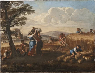 Maisema ja sadonkorjuukohtaus - Maisema sadonkorjuun kanssa, kirjoittanut Cortona, Pietro da (1596-1669) (Pierre de Cortona). Öljy kankaalle. Koko: 50 x 65 cm. Tukholman kansallismuseo