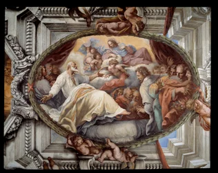 Pyhän Filippuksen toipuminen seurakunnan neitsytfreskon ilmestymisen jälkeen Pietro da Cortona (Cortonan Pietari) (1596-1669) 1652 Rooma, punainen huone Santa Marian kirkko Vallicellassa Italiassa