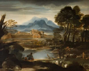 Maisema, jossa järvi ja muurettu kaupunki, 1635.