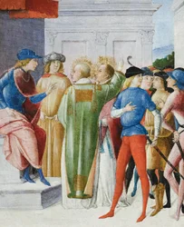 Kaksi pyhimystä tunnustaa kristillistä uskoaan tuomiossa, n.1485-90 (tempera paneelille).