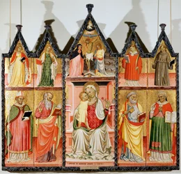 Madonna ja lapsi pyhien kanssa -polyptyykki, kymmenen erillistä paneelia, 1440