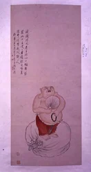 Bodai Buddha, riippuva kirjakäärö, johon on kaiverrettu runo (muste ja väri paperille)