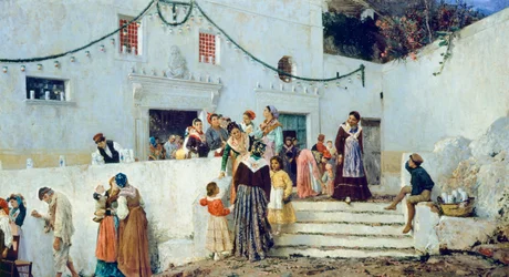 Juhlapäivä, Pio Joris (1843-1921), öljy kankaalle, 93x160 cm
