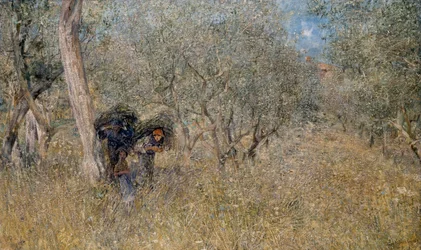 Oliivipuiden joukossa kiehtovia, Plinio Nomellini (1866-1943), öljy kankaalle, 60x100 cm