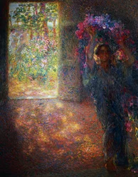 Kukkatalo, n. 1910, Plinio Nomellini (1866-1943), öljy kankaalle, 200x160 cm, Italia, 1900-luku