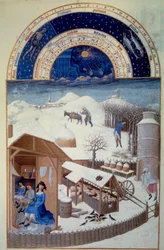 Helmikuu: lunta Etualalla maatila lammastarhaineen, maataloustyöt, puiden kaataminen - Miniatyyri Pol De Limburgin (1400-luku) "Berryn herttuan erittäin rikkaat tunnit". Chantilly, Musee Conde - Helmikuu: Lumi (kohtaus maatilan nokkeluudessa
