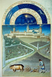 Maaliskuu: kyntö Etualalla, maataloustyöt, talonpojat kyntämässä peltoa, viiniköynnösten koko, alhaalla Lusignanin linna - Miniatyyri teoksessa "" Les tres riches heures du Duke de Berry", kirjoittaja Pol De Limburg (1400-luku) - C