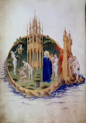 Perisynti, Aadam ja Eeva karkotetaan paratiisista. Miniatyyri teoksessa "Berryn herttuan erittäin rikas tuntikirja" (1400-luku). Chantilly, Musée Condé