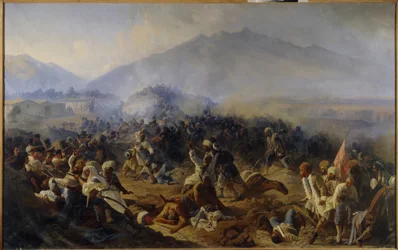 Akhtin piiritys vuonna 1848. Taistelukohtaus Pohjois-Kaukasuksen vuoristossa, Venäjän armeijan ja imaami Shamilin (Shamil) (1797-1871) joukkojen välillä, joka johti soturiaan itsenäistymisen halussa ja uskonnollisista syistä ( Jihad). Maalattu