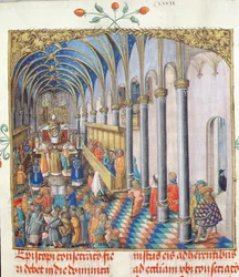 Piispan vihkiminen piispa Erasmus Ciolekin paavilta, n. 1510 (tempera ja kulta pergamentilla)