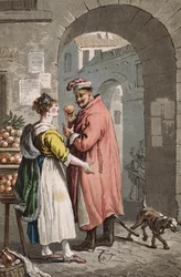 Oranssi myyjä Varsovassa, n.1810 (värillinen kaiverrus)