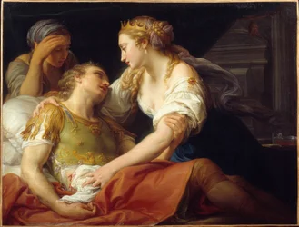 Roomalaisen poliitikon ja sotapäällikön Marcus Antoniuksen (Marc Antoine) (83-30 eaa.) kuolema. Hän kuoli Kleopatran käsivarsille. (1708-1787), 1760, Brest, taidemuseo