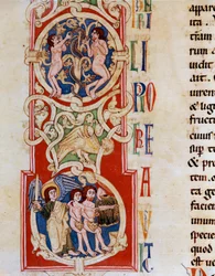Aadam ja Eeva lähellä tiedon puuta, alla heitä metsästetään "Vanhasta testamentista" otettusta pienoisparatiisista Santa Cruzin luostarista Coimbrassa Portugalista. 1100-luvun Porto, kaupunginkirjasto