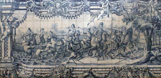 Aleksanteri Suuri (356-323 eaa.) taistelee persialaisia vastaan - azulejo-paneeli Lissabonista, n. 1745 - Kansallinen azulejomuseo, Lissabon (Portugali)