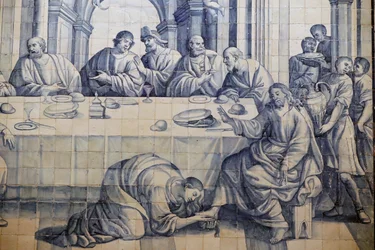 Armon kirkko. Azulejos. Jeesuksen voitelee syntinen nainen Luukas 7:36-50. Evora. Portugali.