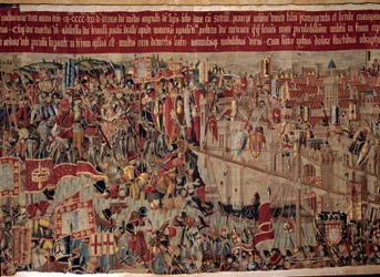 Afrikan valloitus: "" Portugalin laivaston Asilahin (Arzilan) vangitseminen Marokossa vuonna 1471"" Fragmentti 1500-luvun portugalilaisen koulukunnan kuvakudossta. Lissabon, kansallinen muinaisen taiteen museo