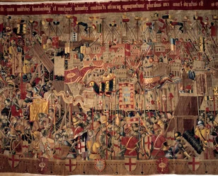 Afrikan valloitus: "" Portugalin laivaston Asilahin (Arzilan) vangitseminen Marokossa vuonna 1471"" Fragmentti 1500-luvun portugalilaisen koulukunnan kuvakudossta. Lissabon, kansallinen muinaisen taiteen museo