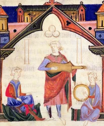 Fol.12v Kitaraa ja tamburiinia soittavat muusikot, Chansonnier des Nobles