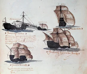Portugalin armadojen muistokirja kuningas Manuel I:n (1469-1521) aikana: Portugalin laivaston karavelien kuvaus. Miniatyyri vuoden 1497 käsikirjoituksesta. Lissabon, kansallinen vanhan taiteen museo