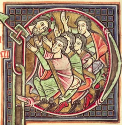 Ms 3088 fol.137r Historioitu alkukirjain P, joka kuvaa Joosuan kuolemaa, Raamatusta 1100-1300-luvulla