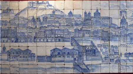 Panoraamanäkymä Lissaboniin ennen vuoden 1755 maanjäristystä - 1700-luvun alun azulejot, paneeli, jossa viitataan Tentúgalin kreivien entiseen palatsiin, Lissabon (suuri Lissabonin panoraama ennen vuoden 1755 maanjäristystä, 1700-luvun alun fajanssi