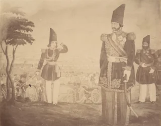[Persialainen revüü maalauksessa, joka kuului aikoinaan kuninkaan sedä Ardeshir Mirzalle.], 1840-60-luvut.