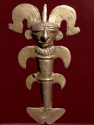Esikolumbiaaninen taide, Quimbaya-kulttuuri (Kolumbia): antropomorfinen kultariipus. 400-1400 jaa. Bogotá, Museo del Oro, Kolumbia