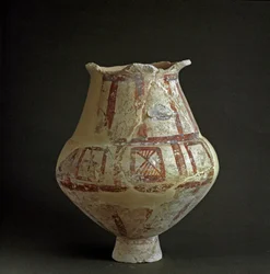 Etruskilainen sivilisaatio: terrakottamaljakko Mattonaran nekropolista (Civitavecchia), Lazio. 7.-6. vuosisata eKr. Rooma, Luigi Pigorinin kansallinen esihistorian ja etnografian museo
