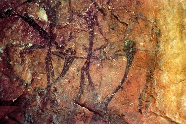 Ihmishahmot jousilla, Cueva del Civil, Tirig, Barranc de la Valltorta, Valencia, Espanja (maalaus)