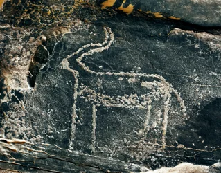 Esihistoria, kalliotaide: antiloopin hautakallio. Kivikausi 5000-2000 eaa. Taghit, Haut plateau du Hoggar (Ahaggar), Algeria