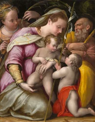 Pyhä perhe Pyhän Katariina Aleksandrialaisen ja pikkulapsen Pyhän Johannes Kastajan kanssa, noin 1551-1556 (öljy poppelilevylle)