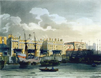 Custom House Thames-joelta, Ackermannin "Lontoon mikrokosmosta", kaivertanut John Bluck (fl.1791-1819), 1808 (akvatinta)